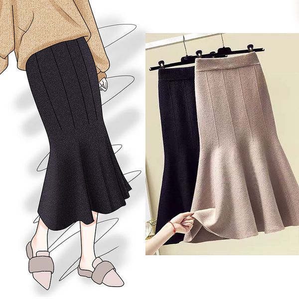 

high waist retro women high-waist fish skirt winter fashion thin femme jupe plus size extra faltering elasticity y918 md1c, Black