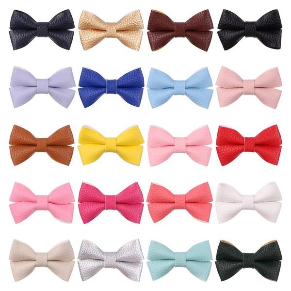 

hair accessories 1piece 2.67inch leather bows pu bowknots with clips for girl gift clip handmade pins kids, Slivery;white
