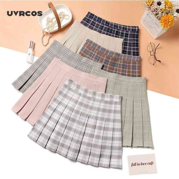 

high waist plaid skirt female pleated spring and summer college style a-line retro mini 210712, Black