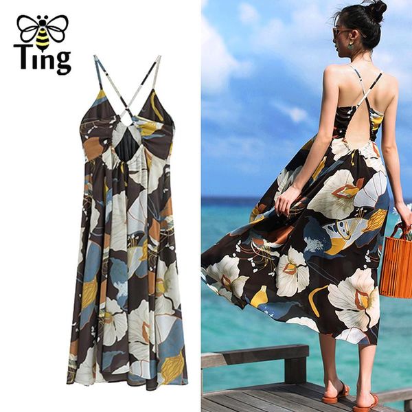 

tingfly summer bohemian sleeveless cross strap floral casual dress women backless v neck boho chic beach holiday robe dresses, Black;gray