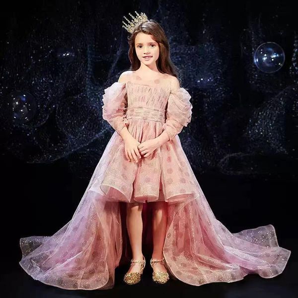 

girl's dresses flower girl dress illusion sequined pleat full o-neck princess knee-length tulle lace off the shoulder pink kids party g, Red;yellow