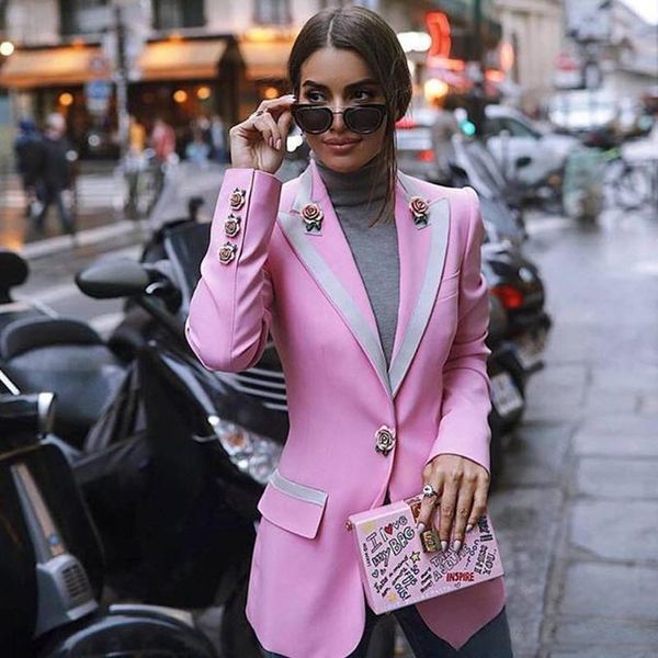 

women's trench coats 2021 autumn and winter casual blazer long-sleeved flower buttons slim pink coat fashion clothing, Tan;black