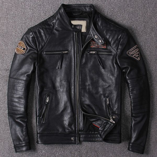 

leather jacket men real cow leather jacket stand collar streetwear motorcycle coats and jackets chaqueta de los hombres wpy2499, Black