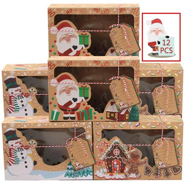 

gift wrap 12pcs kraft paper box 2021 portable christmas party holders santa print candy cookie boxes gingerbread xmas decor