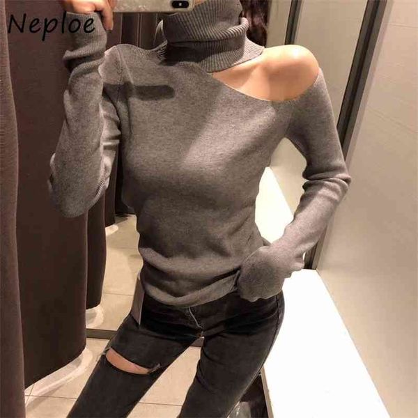 

irregular shoulder strapless turtleneck sweaters autumn winter slim fit pullovers solid color warm 1h017 210422, White;black