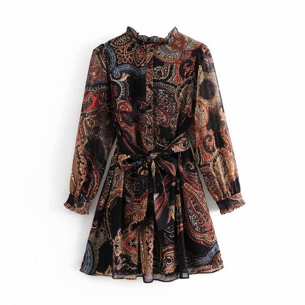 

vintage woman national style printed dress fashion ladies autumn sashes mini es female elegant long sleeve 210515, Black;gray