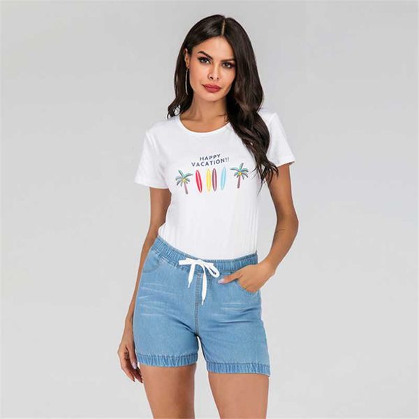 

summer women high waist drawstring short denim pants elastic casual knee length streetwear shorts women's jeans, Blue