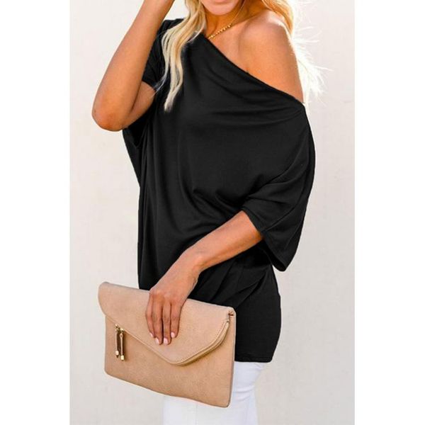 

women's t-shirt short sleeve off shoulder twill collar casual loose lc253352, White