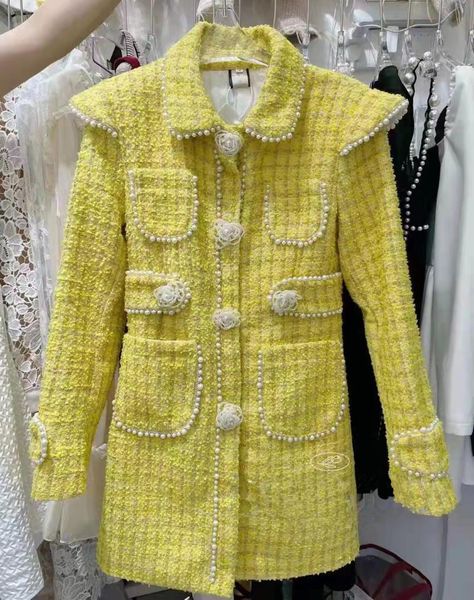 

women's wool & blends high street est fall winter 2021 runway designer fashion pearl beaded flower buckle lemon yellowtweed dress, Black