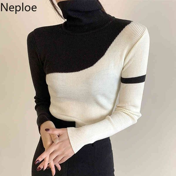 

neploe chic korean woman sweaters turtleneck contrast color chic knitted pullovers slim fit long sleeve jumper women 4h087 210422, White;black