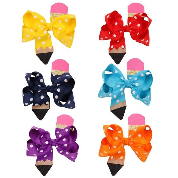 

hair accessories ncmama 6pcs 4.5 inch back to school pencil print bows for girls clips cute dot bowknot hairgrips kids, Slivery;white