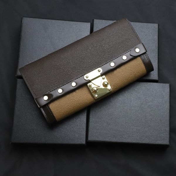 

leather material rivet lock box texture luxury bag long purse multi- lady 2021 wallets, Red;black