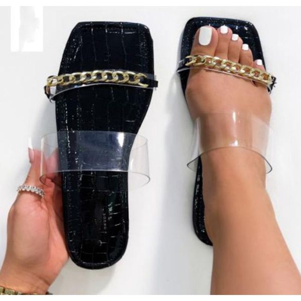 

slippers 2021 summer style chain transparent square head open toe roman outdoor large size female, Black