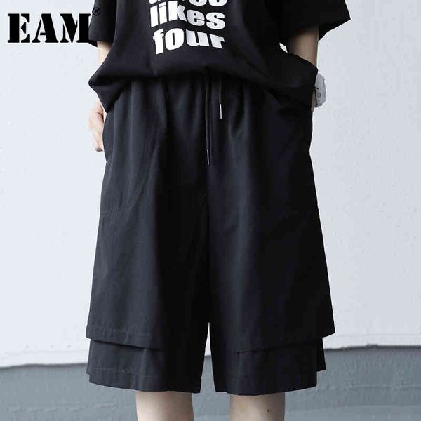 

[eam] high elastic waist black wide leg causal knee length trousers loose fit pants women fashion spring summer 1dd8618 21512, Black;white