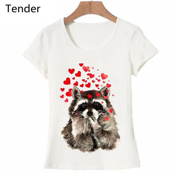 

women's t-shirt cute raccoon blowing kisses summer lovely women funny red hearts watercolor fashion girl tees shirts, White