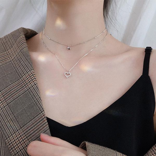 

chains meyrroyu sterling silver sweet wedding necklace for women shiny double-layer love heart zircon jewelry on neck adjustable gift