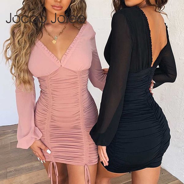 Jocoo Jolee Women Sexy Deep V-шеи Backblob Bandage BodyCon Платье Осенние Длинные Рукава Оставь Mini Party Club Dress Office Lady 210619