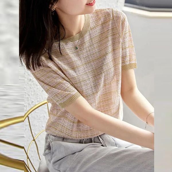 

women's t-shirt 2021 summer elastic striped thin knitted korean o-neck slim short sleeve women fashion basic loose pullover tees, White