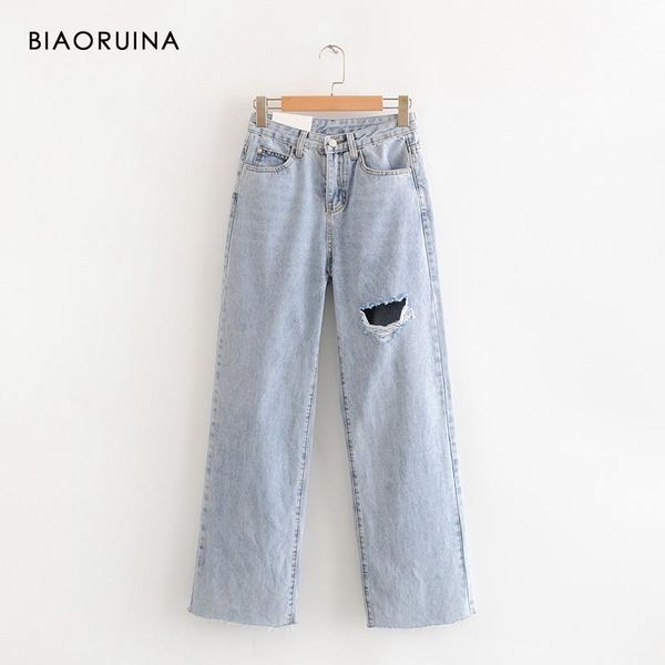 

women's jeans biaoruina casual washing bleached scratch holes loose straight female fashion high waist daddy, Blue