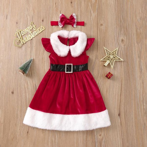 

girl's dresses little girls casual sleeve christmas dress infants toddler sweet plush collar santa claus with headband outfits, Red;yellow
