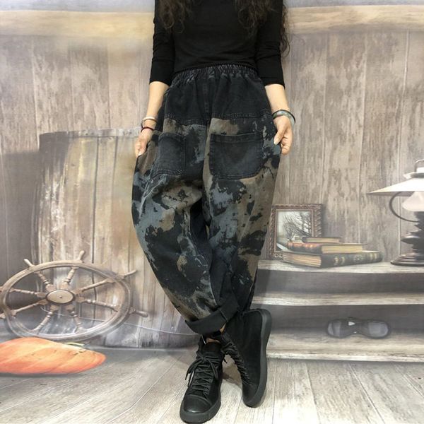 

autumn new arts style women elastic waist loose casual splice vintage print cotton denim harem pants female jeans s264, Blue