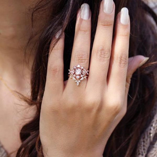 

wedding rings 2021 trendy rose gold three ring set for women men white zircon female jewelry engagement party gifts 3pcs, Slivery;golden