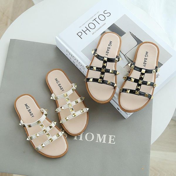 

slipper summer girls sandals slides kids beach roman rivets princess sweet slippers for swimming indoor outdoor e05183, Black;grey