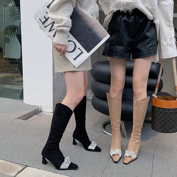 

boots winter square toe women knee high booties back zipper spike thick heels black beige rhinestone band shoes boot