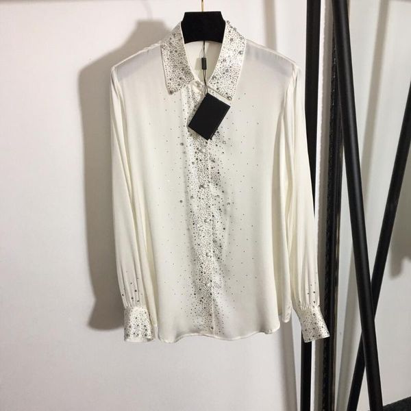 

women's blouses & shirts name diamonds 100% silk shirt black 2021 spring beige blouse elegant office ladies blue, White