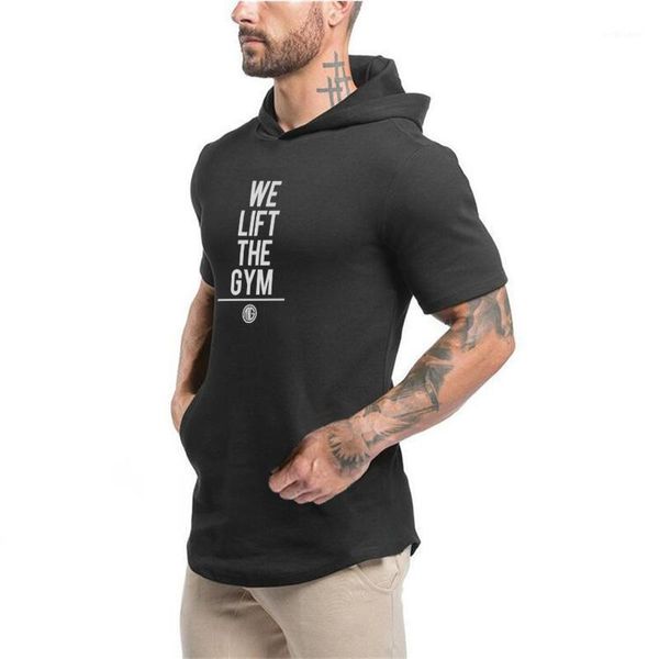 

men's t-shirts brand casual gyms clothing bodybuilding fitness mens fashion extend hip hop summer cotton muscle hooded short sleeve t-s, White;black