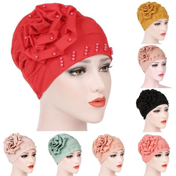 

scarves women cotton muslim islamic elastic turban head scarf large flower beanie hat beaded headwear fashion ruffle cap, Blue;gray