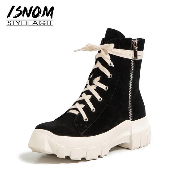 

boots isnom kid suede women ankle fur lining flat round toe shoes platform zip lady cross tied warm sport winter, Black