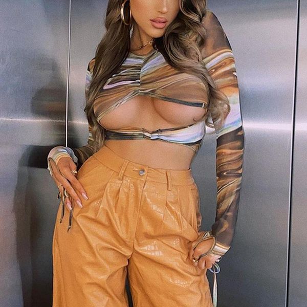 

women's t-shirt fashion printed drawstring mesh see-through hollow colorful, White