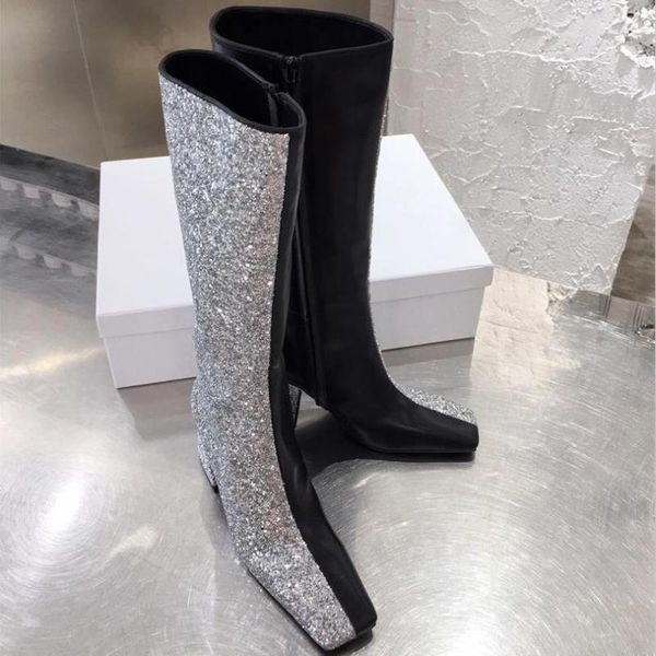 

boots sequins women shoes luxury knee-high botines mujer bling botas de high heels kobiet buty winter femmes chaussures, Black