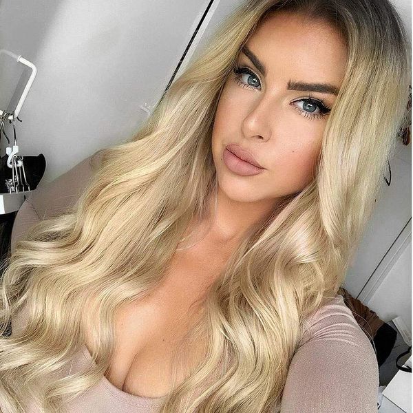 613 Ombre Blonde Lace Front Wig Длинный синтетический парик для женщин для женщин для женщин, предварительно закрепленных BabyHair Высокотемпературной устойчивость