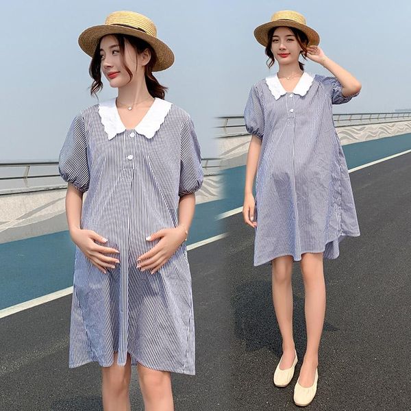 

32676# maternity clothes summer cotton short sleeves loose stylish dress pregnant women mom dresses, White