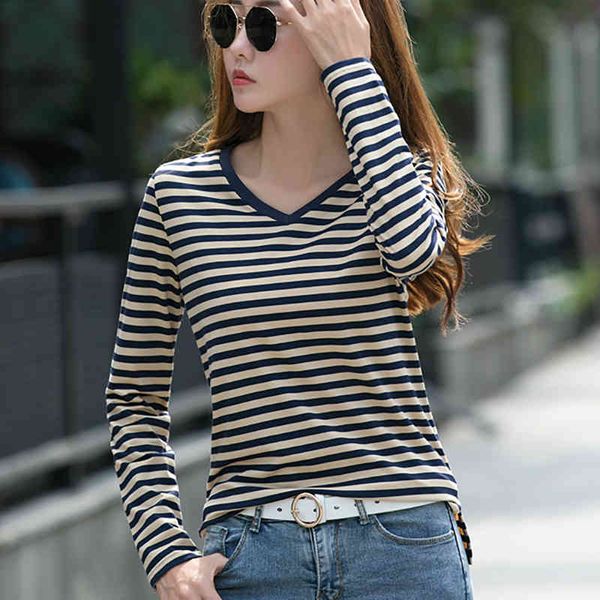 

women's t-shirt striped t women clothes v-neck fashion autumn womens female long sleeve cotton tshirt tee femme wt75, White