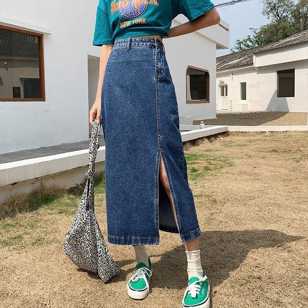 

high waist long casual women skirt harajuku korean a line denim jupe femme black maxi ladies office