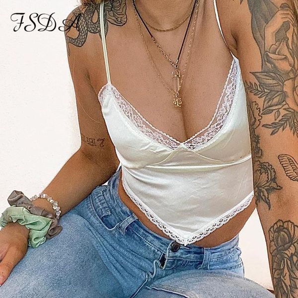 

women's tanks & camis fsda women spaghetti strap lace crop white backless bandage 2021 summer cami party satin tank black