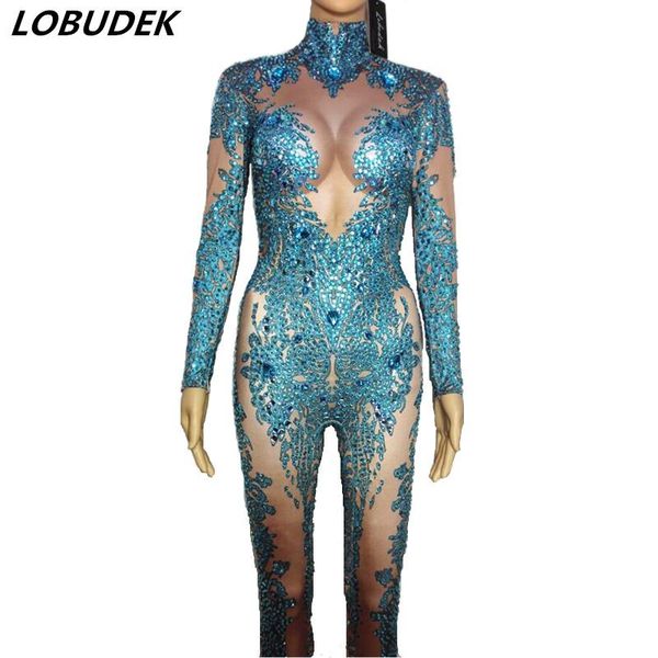 

women's jumpsuits & rompers blue full crystals jumpsuit leotard stretch female nightclub singer dj costumes bar celebration party st, Black;white