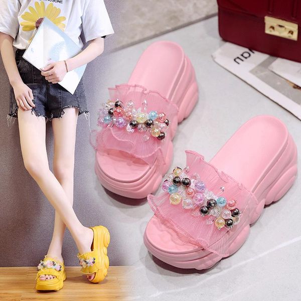 

slippers shoes woman 2021 low female luxury slides string bead platform designer pu rome floral fabric fashion hoof heels ba, Black