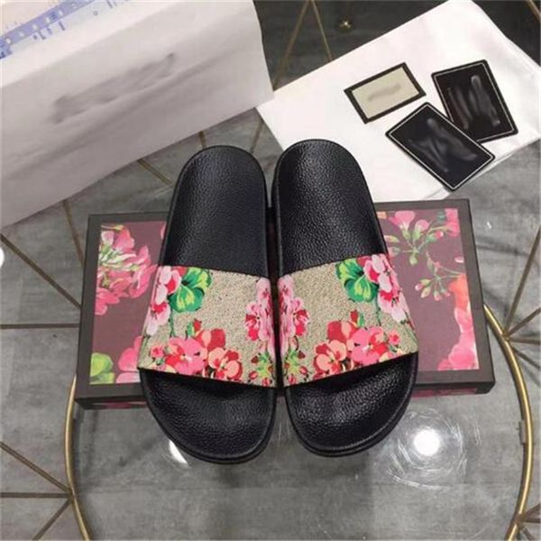 

2023designer slides mens womens slippers dust bag flowers printing leather platform shoes fashion luxury summer sandals, Black