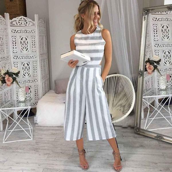 

women's jumpsuits & rompers women sleeveless striped jumpsuit casual clubwear wide leg pants outfit shjipping 12.27, Black;white