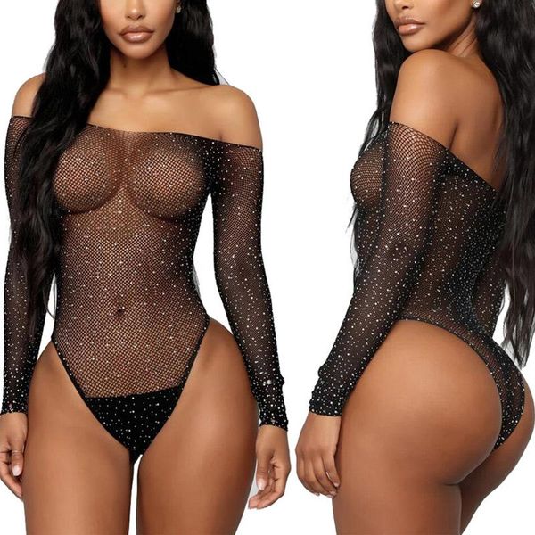 Sütyen Setleri Kadınlar Siyah Dantel Fishnet Rhinestone Bodysuit Off-Shouder Tulum Beach Bikini MV66