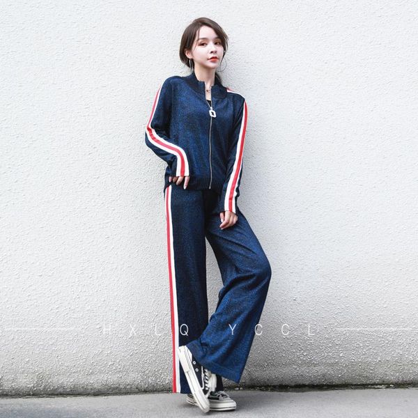 

women's knit suit two-piece thread zipper sweater and wide-leg pants casual turtleneck full autumn 2021 fall navy two piece, White