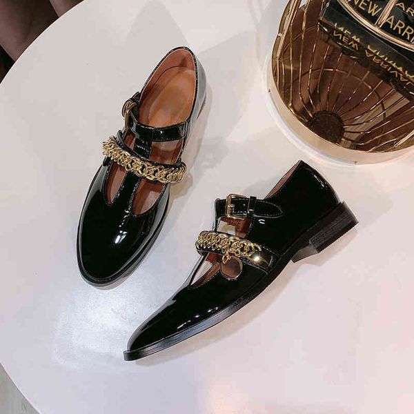 

lolita shoes women t-strap mary janes patent leather round toe buckle ladies casual flats handmade fashion metal chain footwear 60% off stor, Black