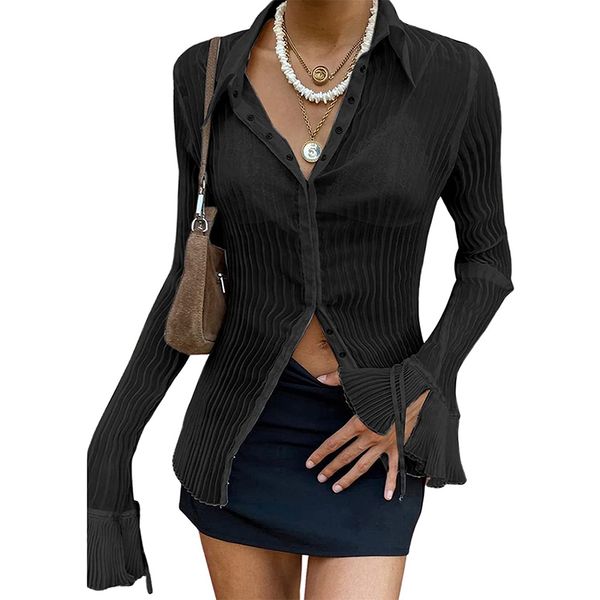 

autumn women tees t-shirt vintage fashion v neck button see through casual long sleeve shirts lady blouses, White