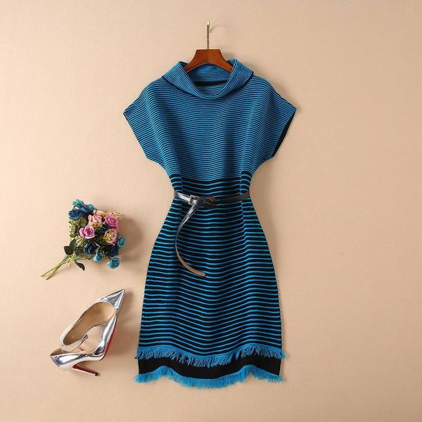 

casual dresses european and american women's wear winter style short sleeves collar fashion striped knit blue dress with tassel bdmu, Black;gray