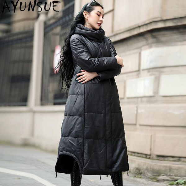 

women's leather & faux ayunsue genuine jacket women long down sheepskin coat female winter woman parkas 2021 mujer chaqueta qbl1906 149, Black