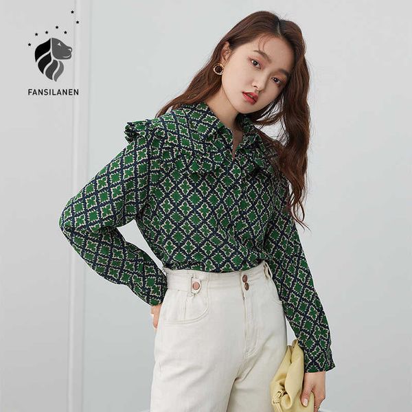 Fansilanen xadrez verde plissado blusa casual camisa mulheres manga longa elegante mola primavera top feminino vintage botão para cima 210607
